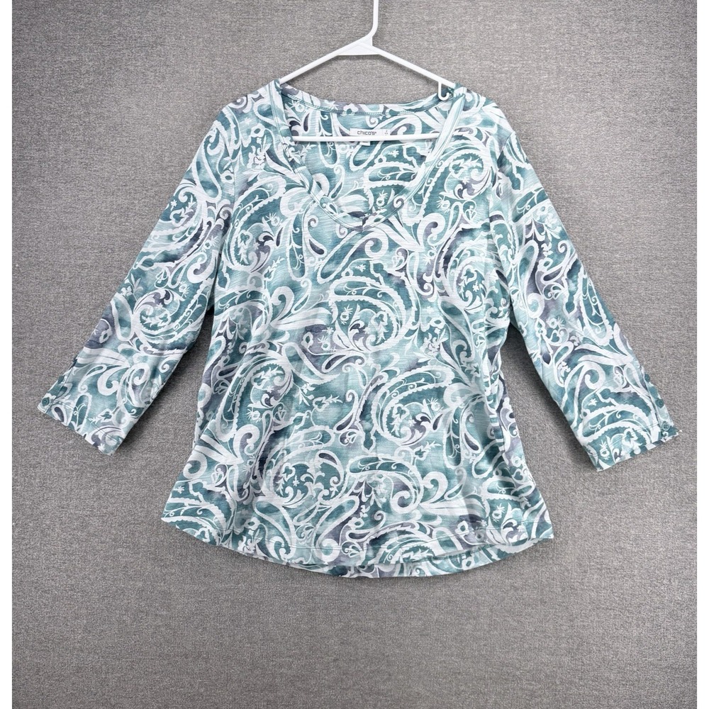 Chicos Pullover Top Women Size 2/L Paisley Green Casual